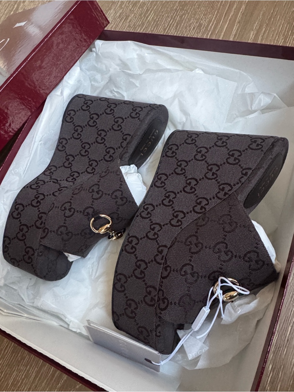 Gucci Dark Brown GG Canvas Mule Wedge with Gold Horsebit